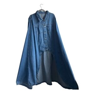 OS Denim Jean Duster Long Cape Jacket Button Front Boho Grunge Steampunk